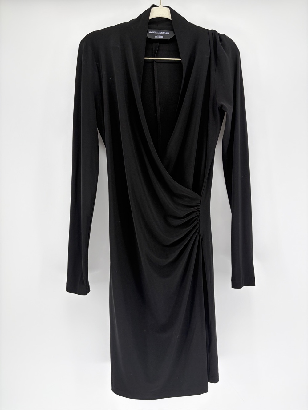 Norma Kamali Black Long-Sleeve Side Ruched Faux Wrap Draped Deep V-Neck Dress